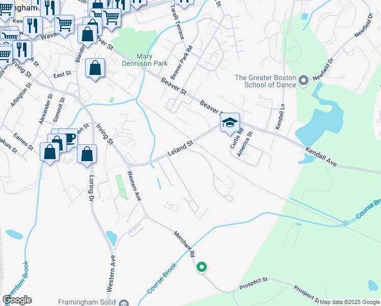 map of restaurants, bars, coffee shops, grocery stores, and more near 91A Leland Street in Framingham