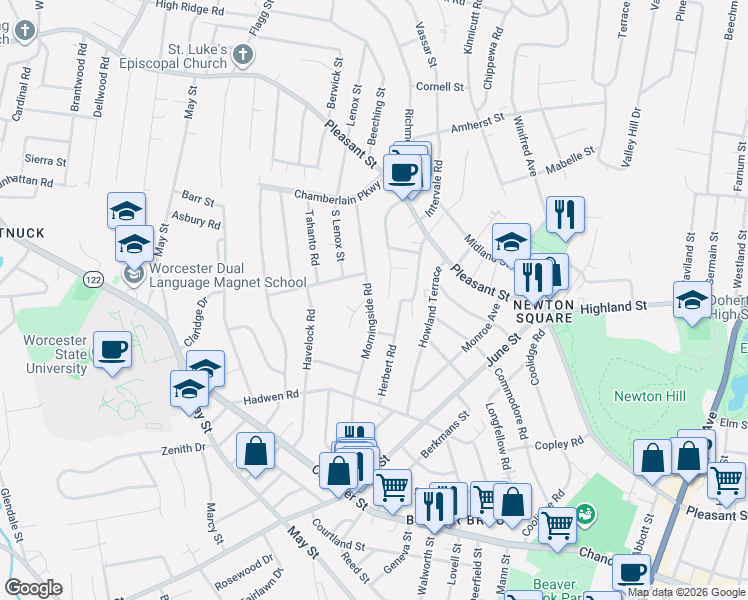 map of restaurants, bars, coffee shops, grocery stores, and more near 24 Hadwen Lane in Worcester