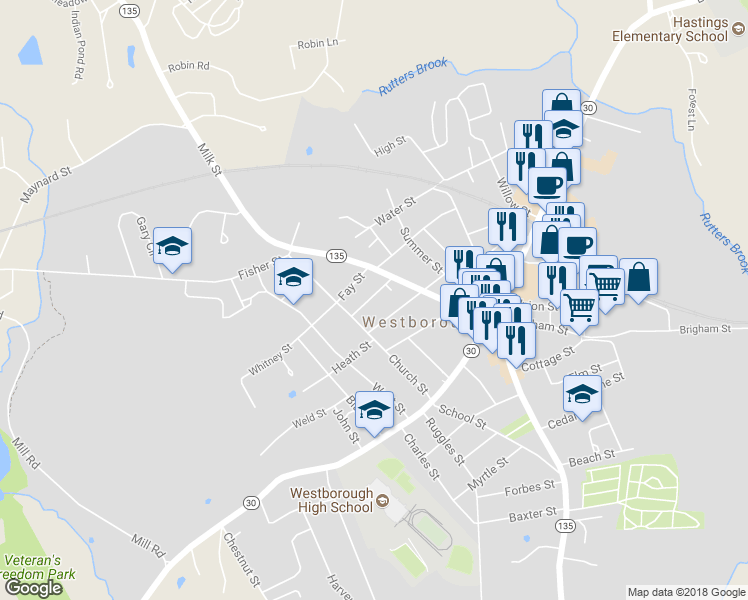 map of restaurants, bars, coffee shops, grocery stores, and more near 14 Boardman Street in Westborough