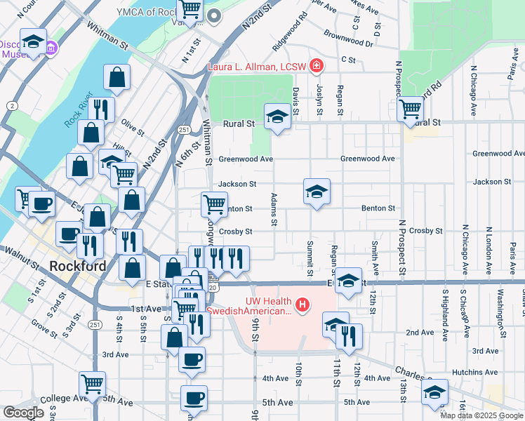 map of restaurants, bars, coffee shops, grocery stores, and more near 1235 Benton Street in Rockford