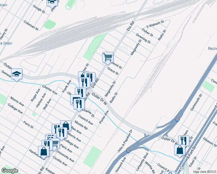 map of restaurants, bars, coffee shops, grocery stores, and more near 19250 Meginnity Street in Melvindale
