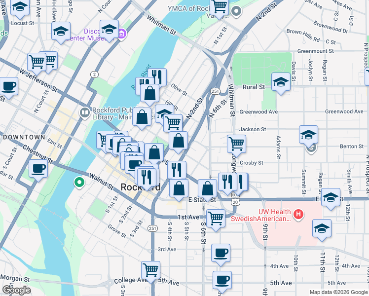 map of restaurants, bars, coffee shops, grocery stores, and more near 415 North 3rd Street in Rockford