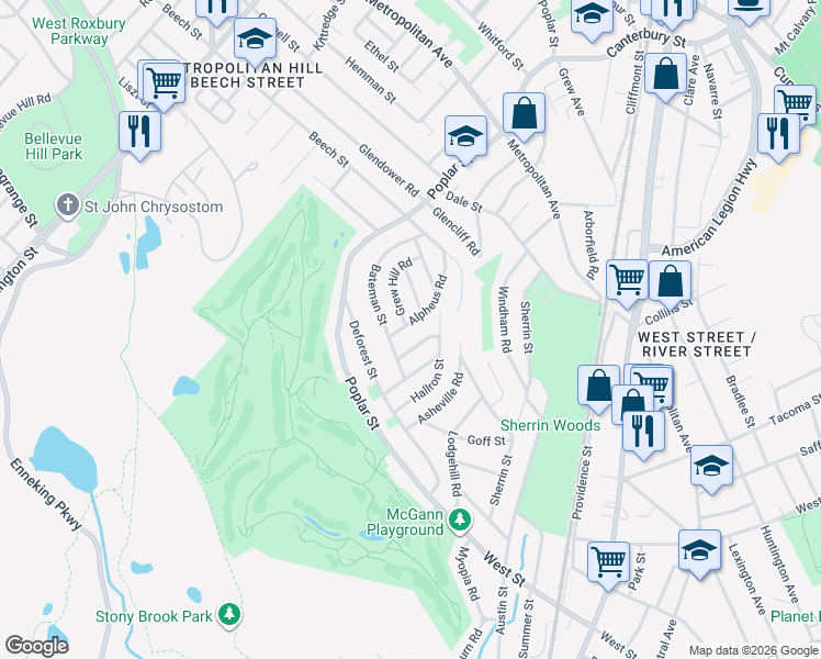 map of restaurants, bars, coffee shops, grocery stores, and more near 84 Alpheus Road in Boston