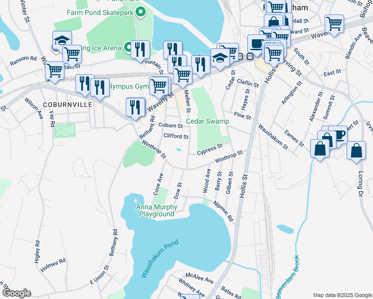 map of restaurants, bars, coffee shops, grocery stores, and more near 119 Mellen Street in Framingham