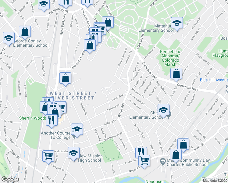 map of restaurants, bars, coffee shops, grocery stores, and more near 17 Victoria Heights Road in Boston