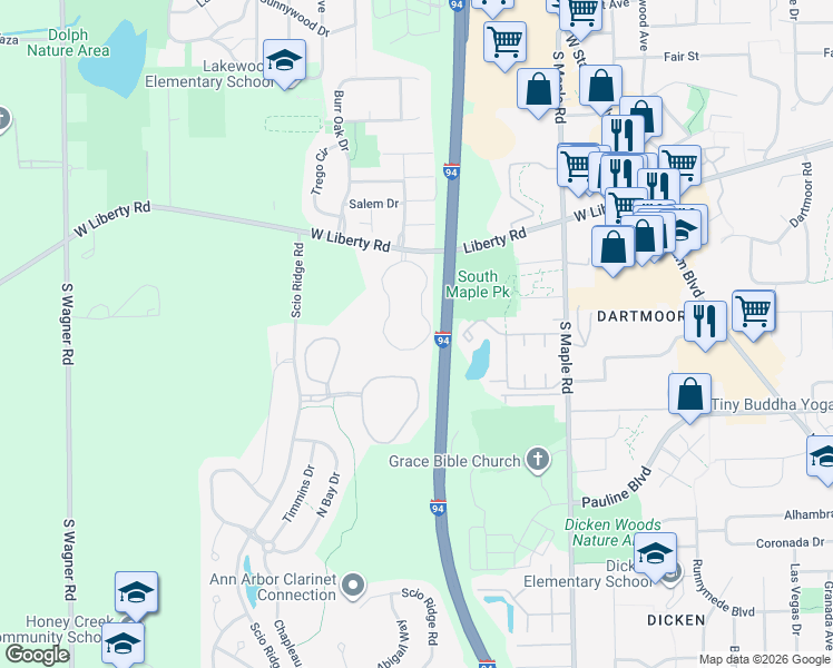 map of restaurants, bars, coffee shops, grocery stores, and more near 1037 East Summerfield Glen Circle in Ann Arbor