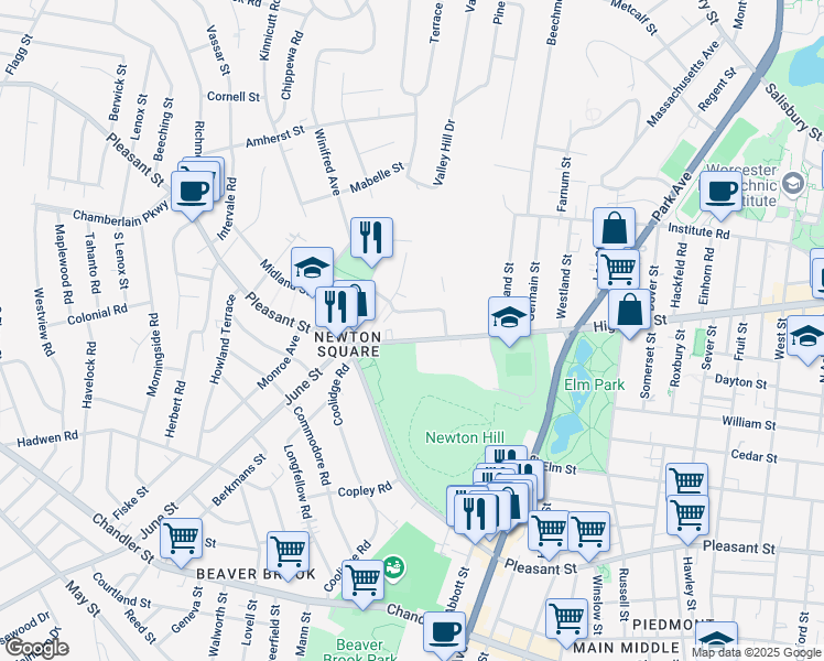 map of restaurants, bars, coffee shops, grocery stores, and more near 322 Highland Street in Worcester