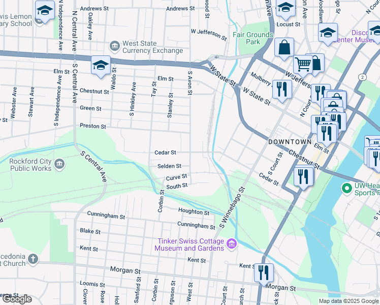 map of restaurants, bars, coffee shops, grocery stores, and more near Cedar St & S Avon St in Rockford