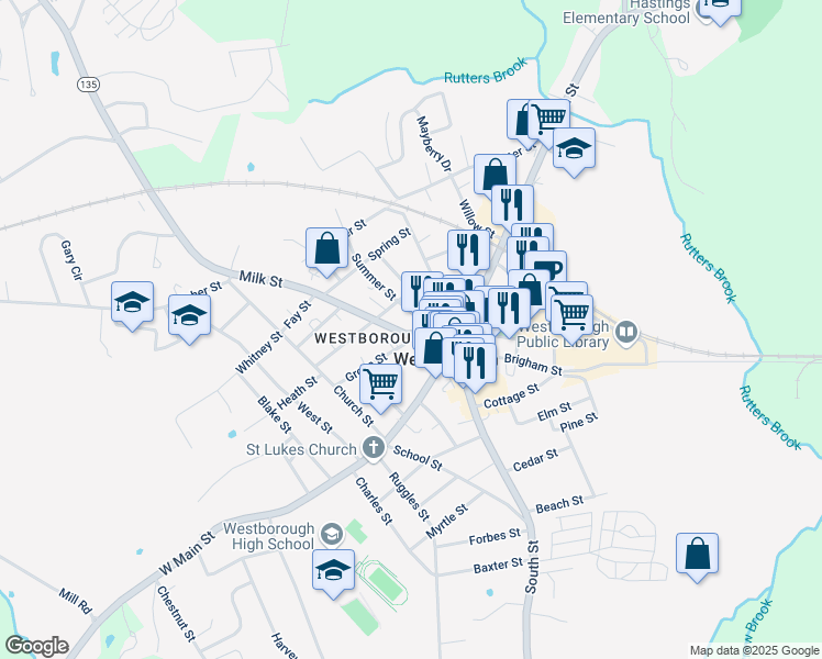 map of restaurants, bars, coffee shops, grocery stores, and more near 40 Milk Street in Westborough