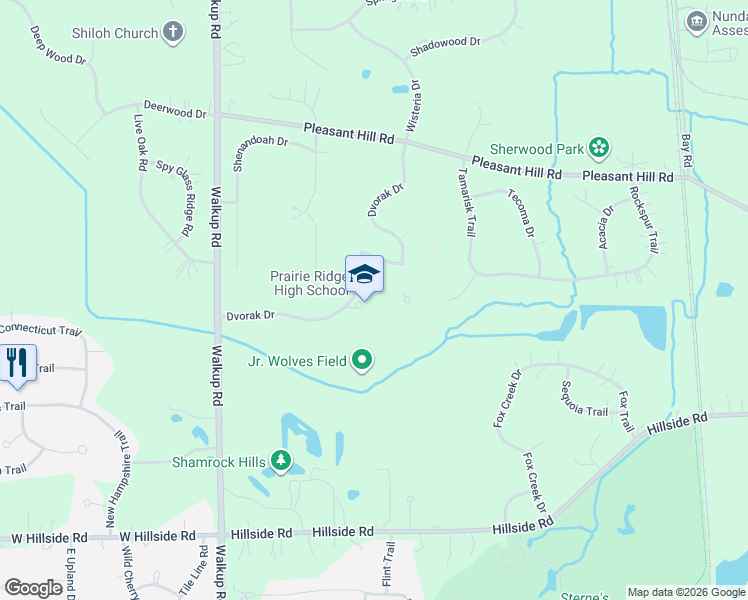 map of restaurants, bars, coffee shops, grocery stores, and more near 6000 Dvorak Drive in Crystal Lake