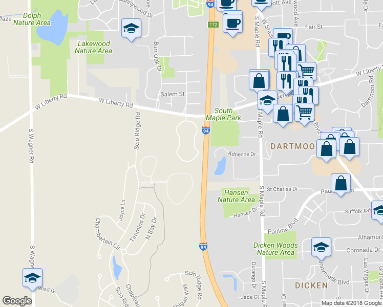 map of restaurants, bars, coffee shops, grocery stores, and more near 1031 East Summerfield Glen Circle in Ann Arbor