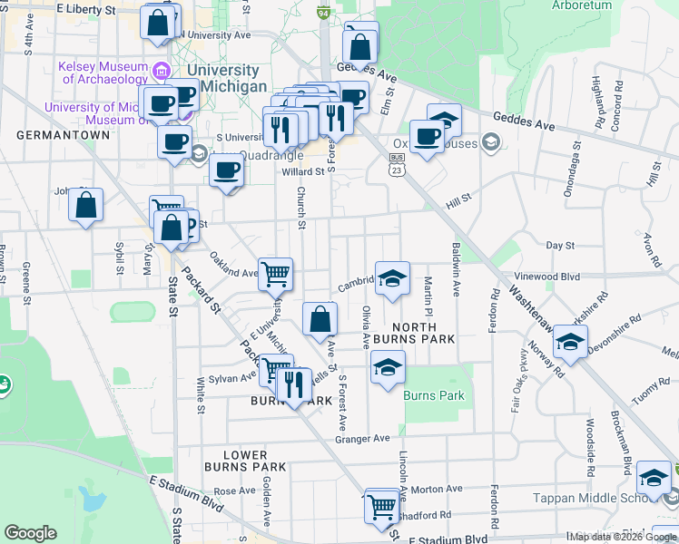 map of restaurants, bars, coffee shops, grocery stores, and more near 1305 Cambridge Road in Ann Arbor