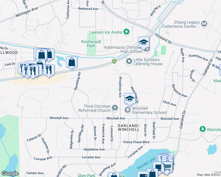 map of restaurants, bars, coffee shops, grocery stores, and more near 2423 Acorn Lane in Kalamazoo