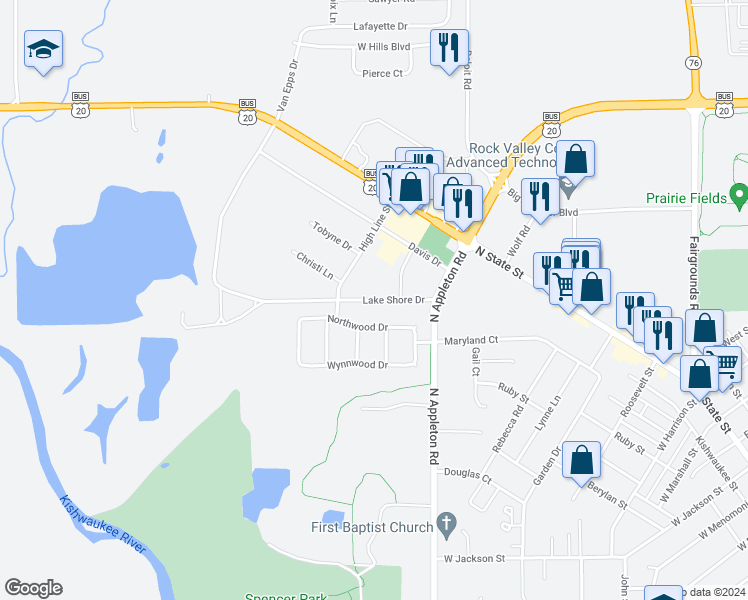 map of restaurants, bars, coffee shops, grocery stores, and more near 2029 Lake Shore Drive in Belvidere