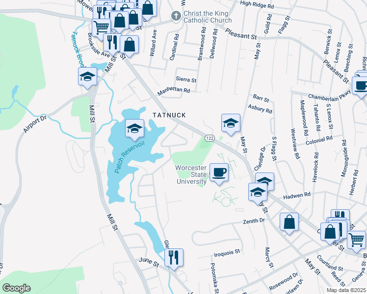 map of restaurants, bars, coffee shops, grocery stores, and more near 36 Hunthurst Circle in Worcester