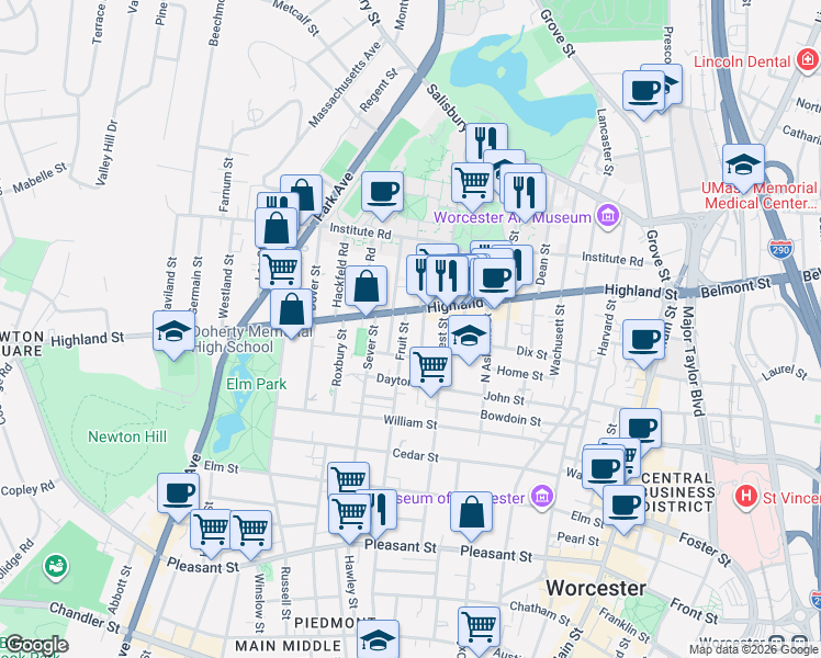 map of restaurants, bars, coffee shops, grocery stores, and more near 5 Berkshire Street in Worcester