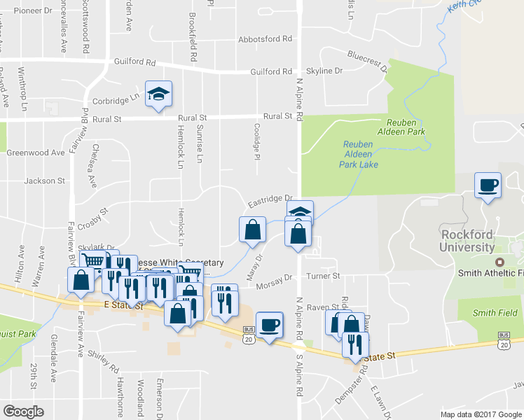 map of restaurants, bars, coffee shops, grocery stores, and more near 4217 Eastridge Drive in Rockford