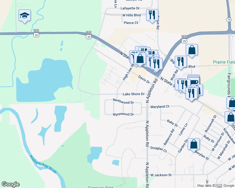 map of restaurants, bars, coffee shops, grocery stores, and more near 2399 Lake Shore Drive in Belvidere