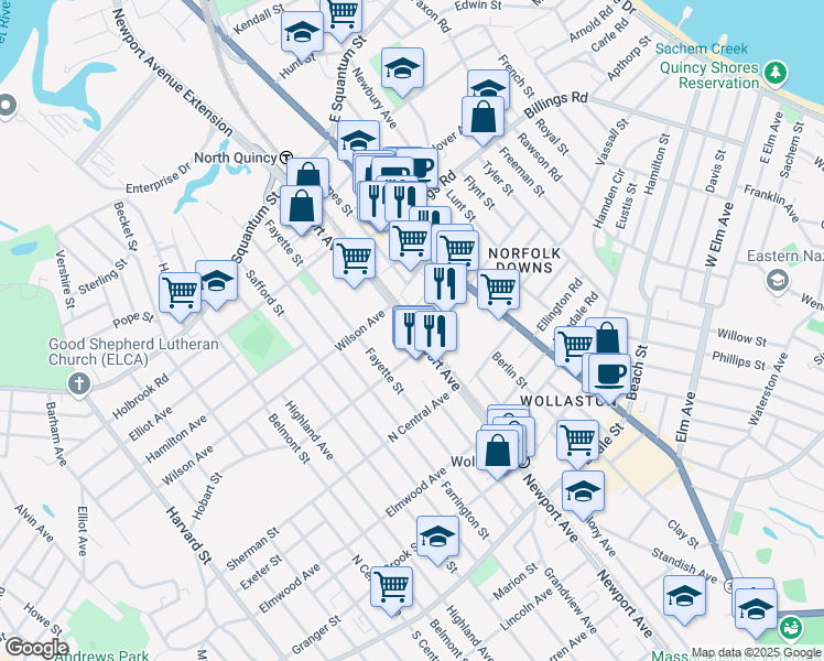 map of restaurants, bars, coffee shops, grocery stores, and more near 135-141 Newport Avenue in Quincy