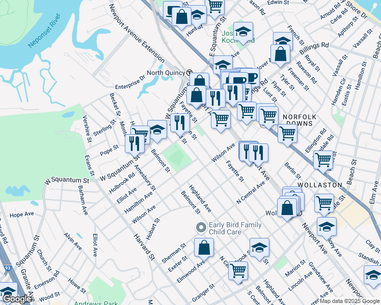 map of restaurants, bars, coffee shops, grocery stores, and more near 77 Safford Street in Quincy