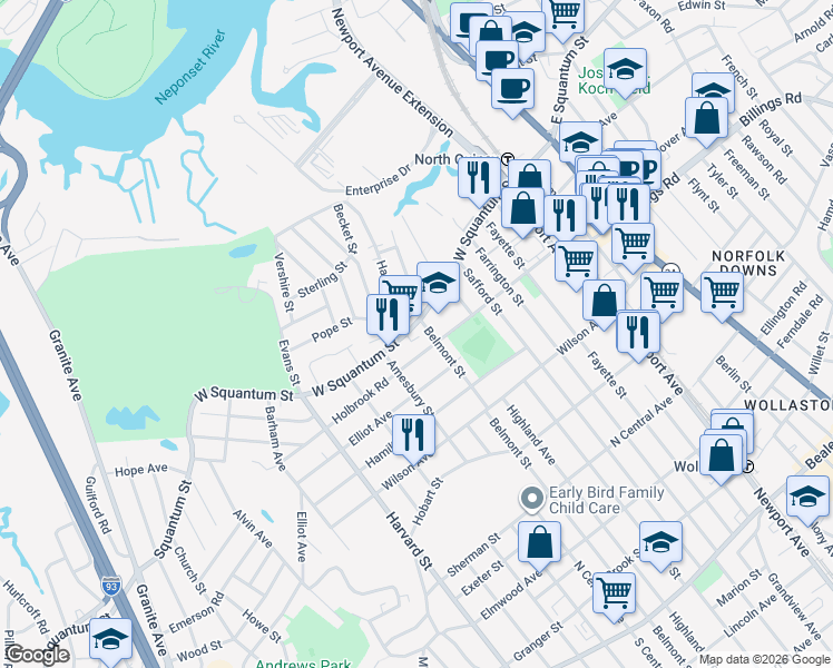 map of restaurants, bars, coffee shops, grocery stores, and more near 15 Belmont Street in Quincy