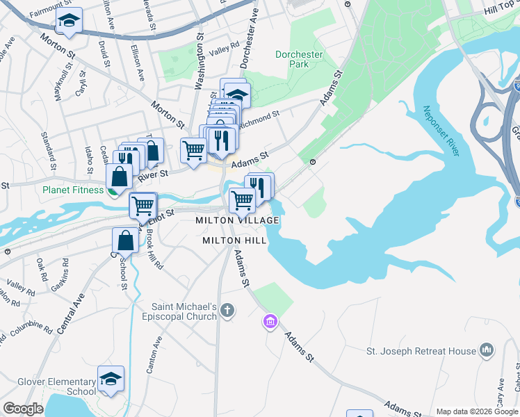 map of restaurants, bars, coffee shops, grocery stores, and more near 88 Wharf Street in Milton