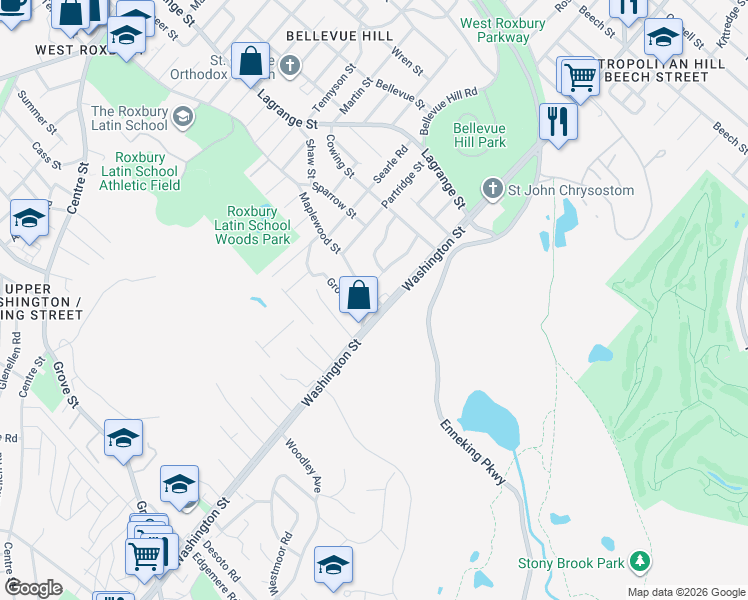 map of restaurants, bars, coffee shops, grocery stores, and more near 4891 Washington Street in Boston
