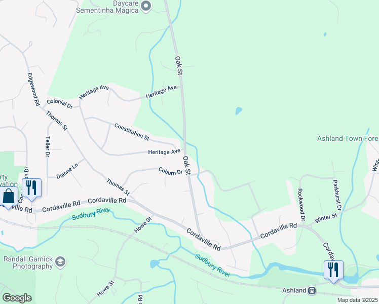 map of restaurants, bars, coffee shops, grocery stores, and more near 79 Oak Street in Ashland