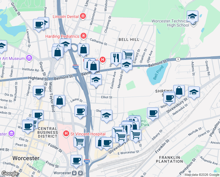 map of restaurants, bars, coffee shops, grocery stores, and more near 96 Eastern Avenue in Worcester