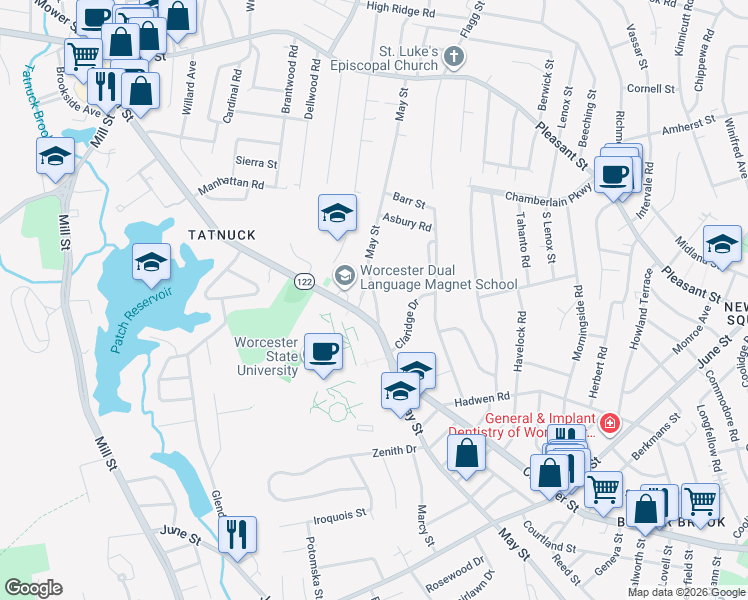 map of restaurants, bars, coffee shops, grocery stores, and more near in Worcester