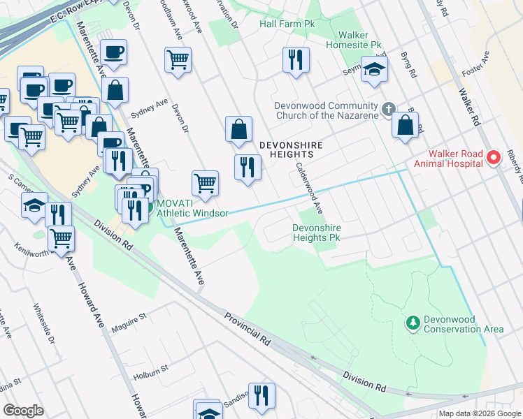 map of restaurants, bars, coffee shops, grocery stores, and more near 3628 Hallee Crescent in Windsor
