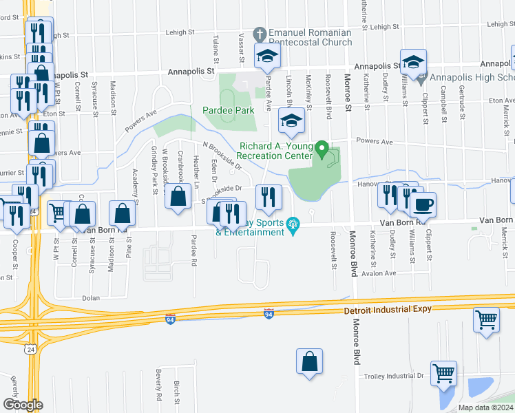 map of restaurants, bars, coffee shops, grocery stores, and more near 5730 Kaufman Street in Dearborn Heights