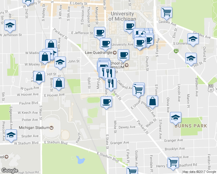 map of restaurants, bars, coffee shops, grocery stores, and more near 925 South State Street in Ann Arbor