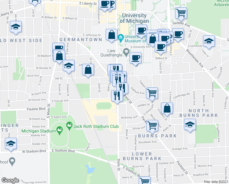 map of restaurants, bars, coffee shops, grocery stores, and more near 925 South State Street in Ann Arbor