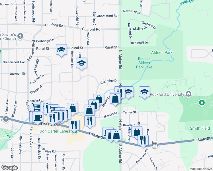 map of restaurants, bars, coffee shops, grocery stores, and more near 4217 Eastridge Drive in Rockford