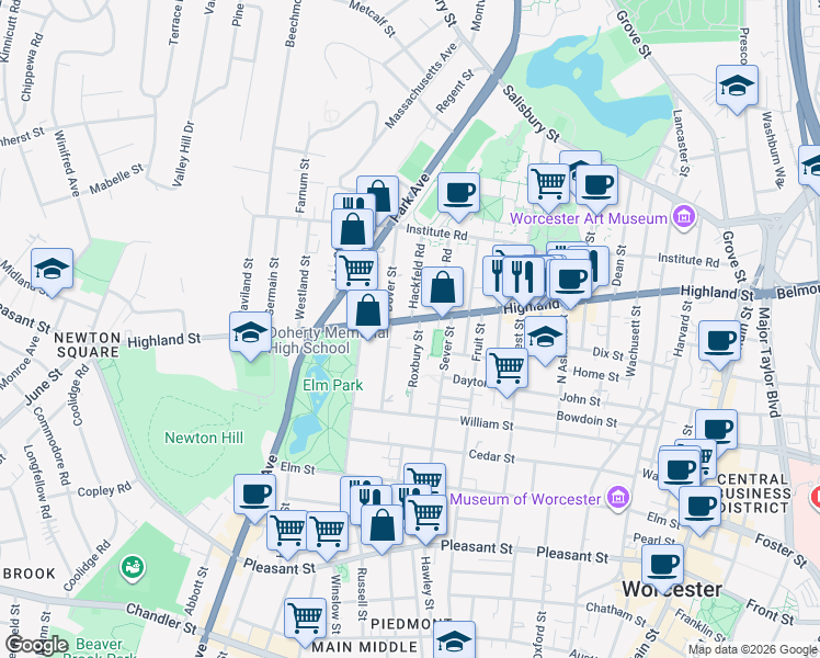 map of restaurants, bars, coffee shops, grocery stores, and more near 43 Roxbury Street in Worcester