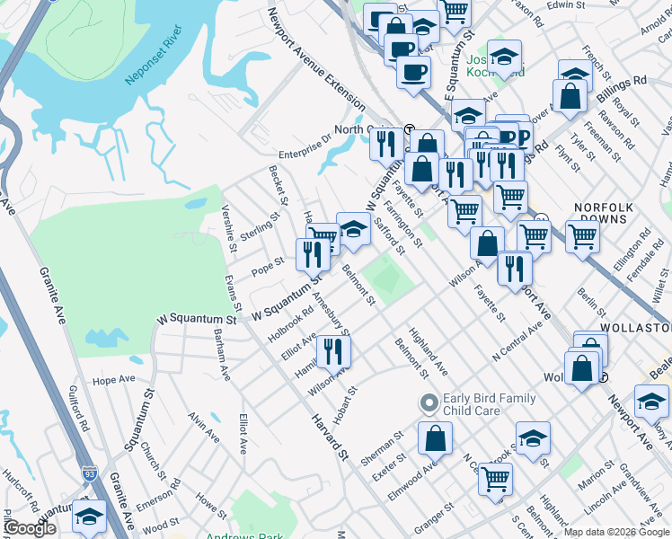 map of restaurants, bars, coffee shops, grocery stores, and more near 15 Belmont Street in Quincy
