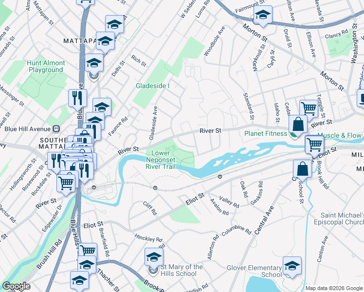 map of restaurants, bars, coffee shops, grocery stores, and more near 15 Southmere Road in Boston