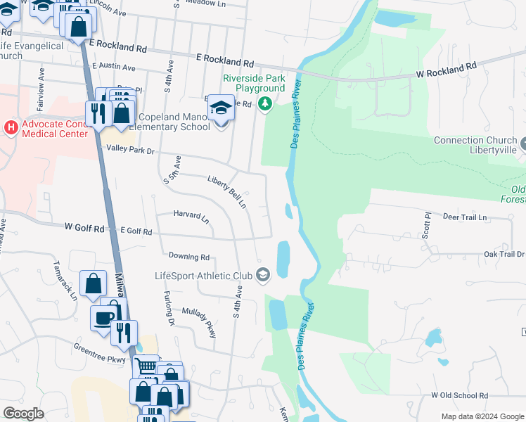 map of restaurants, bars, coffee shops, grocery stores, and more near 850 Liberty Bell Lane in Libertyville