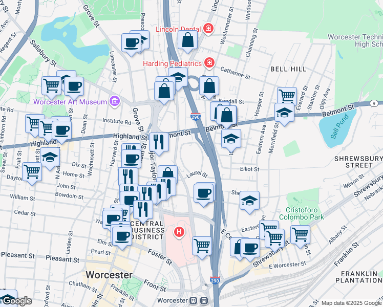 map of restaurants, bars, coffee shops, grocery stores, and more near 40 Everett Gaylord Boulevard in Worcester