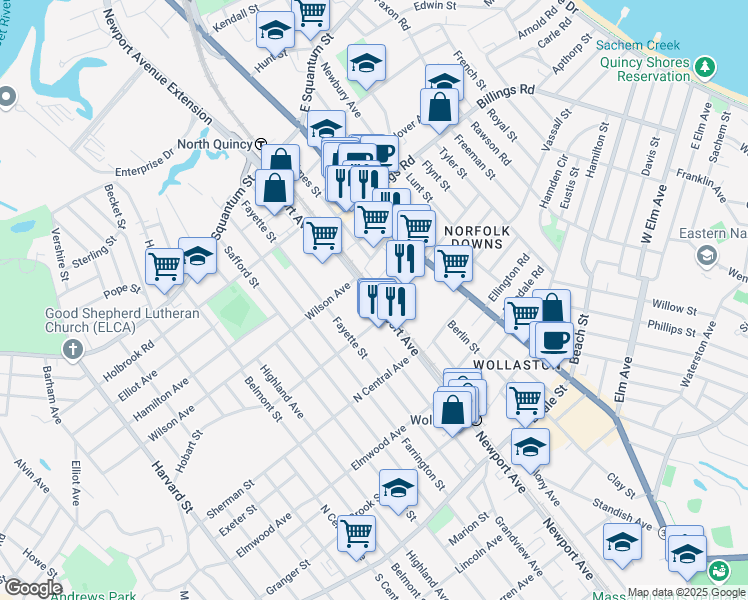 map of restaurants, bars, coffee shops, grocery stores, and more near 150 Newport Avenue in Quincy