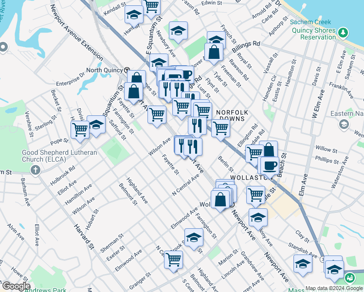 map of restaurants, bars, coffee shops, grocery stores, and more near 150 Newport Avenue in Quincy