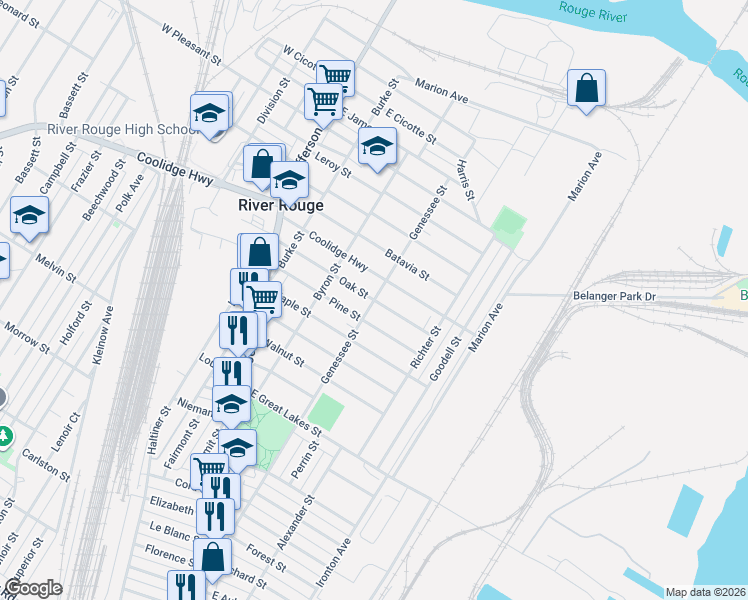 map of restaurants, bars, coffee shops, grocery stores, and more near Oak Street in River Rouge