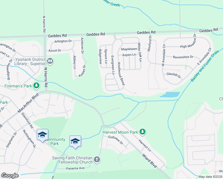 map of restaurants, bars, coffee shops, grocery stores, and more near 1723 Knollwood Bend in Ypsilanti