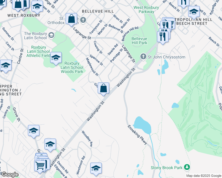 map of restaurants, bars, coffee shops, grocery stores, and more near 4891 Washington Street in Boston