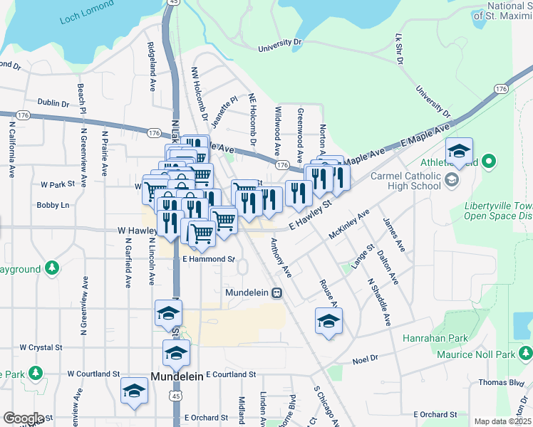 map of restaurants, bars, coffee shops, grocery stores, and more near 404 East Hawley Street in Mundelein