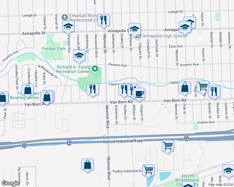 map of restaurants, bars, coffee shops, grocery stores, and more near 5684 Dudley Street in Dearborn Heights