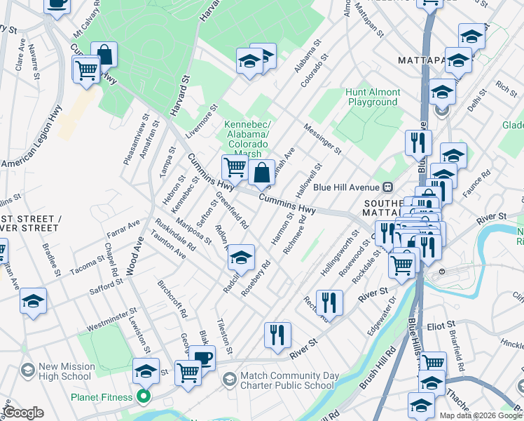 map of restaurants, bars, coffee shops, grocery stores, and more near 23 Rockingham Road in Boston