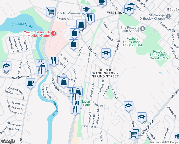 map of restaurants, bars, coffee shops, grocery stores, and more near 90 Belle Avenue in Boston