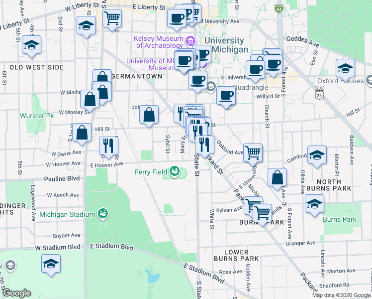 map of restaurants, bars, coffee shops, grocery stores, and more near 921 Mary Street in Ann Arbor